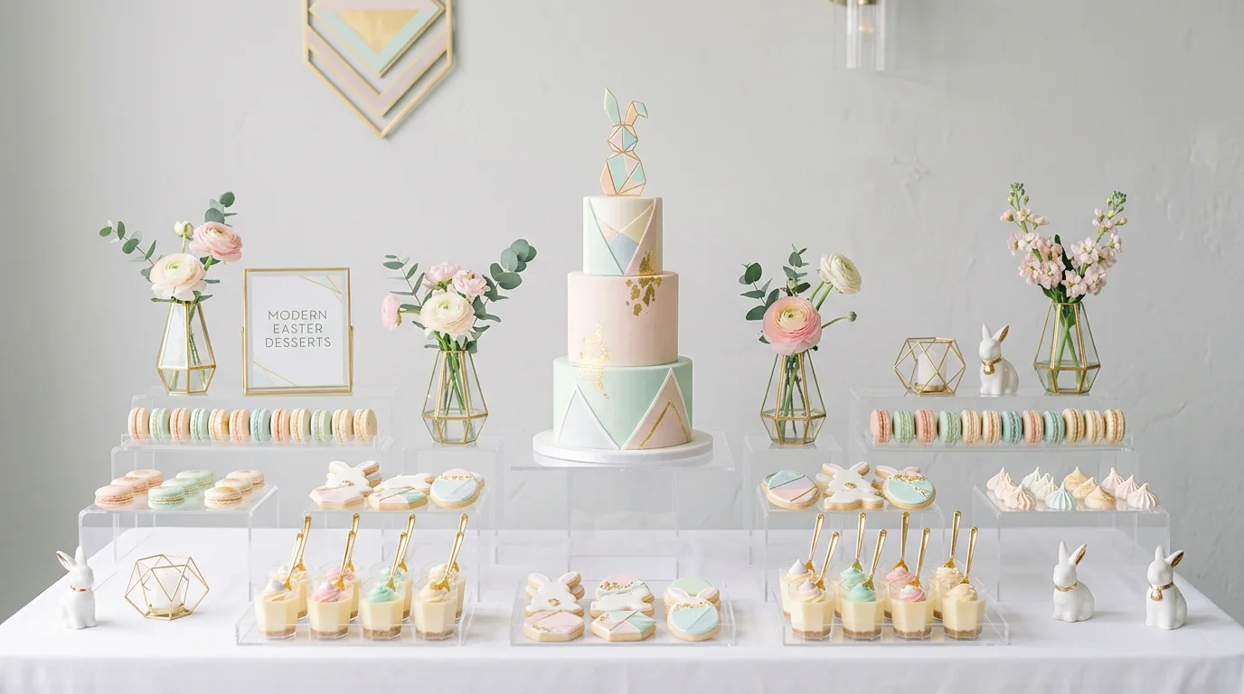 Spring floral Easter treat table with tulips, daisies, cupcakes, and decorated eggs