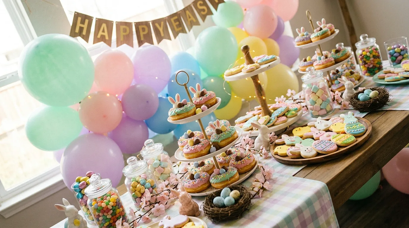 Modern geometric Easter dessert table with acrylic stands, pastel sweets, and minimal gold decor