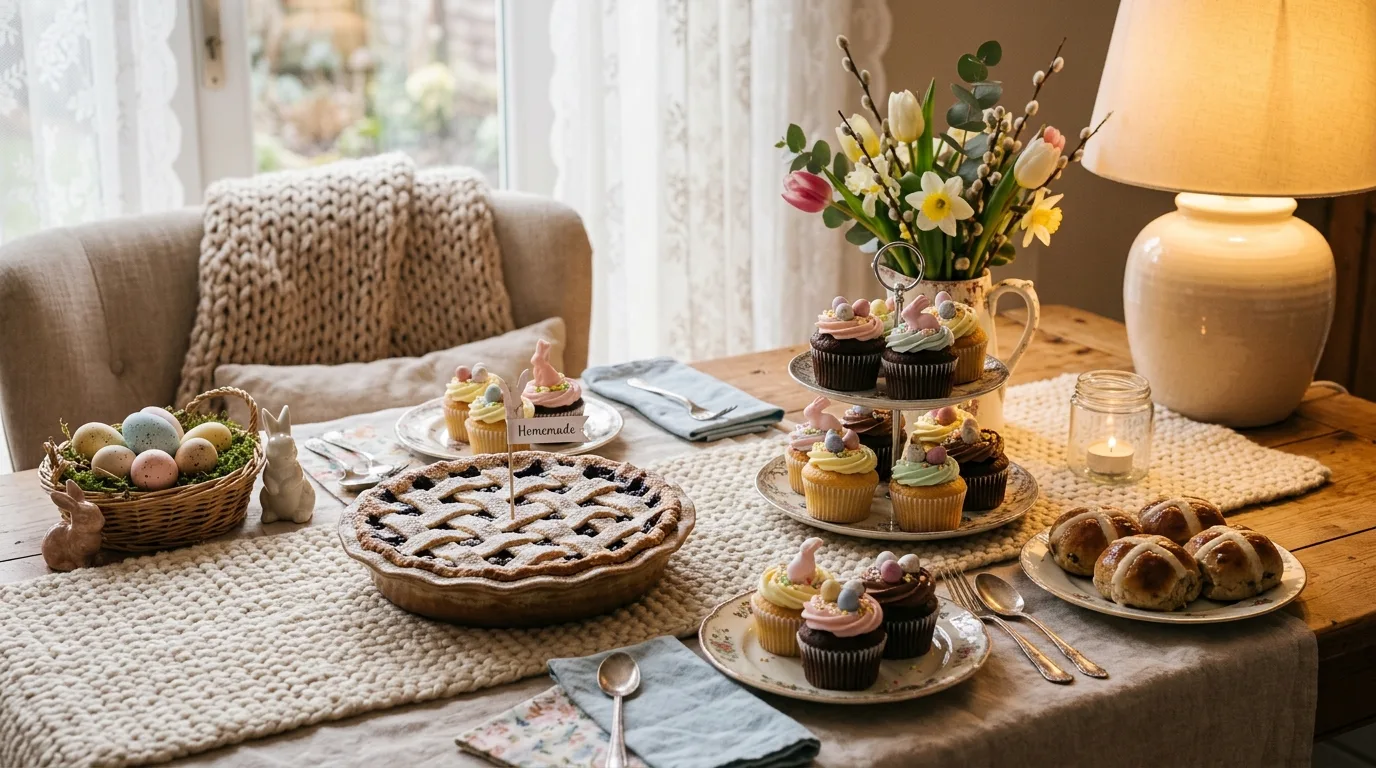 Whimsical Easter treat table with bunny decorations, pastel balloons, donuts, and cookies