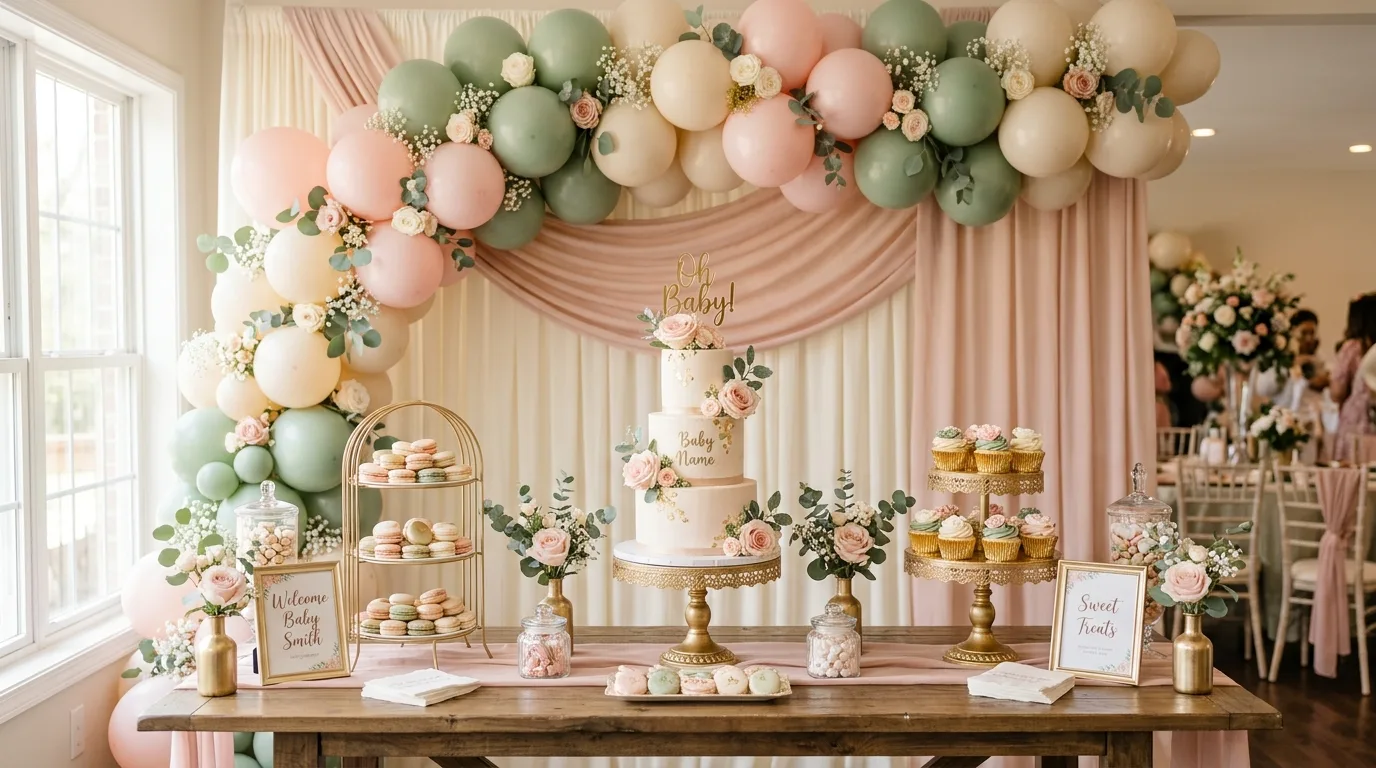 Elegant spring baby shower dessert table with pastel balloon garland and floral cake