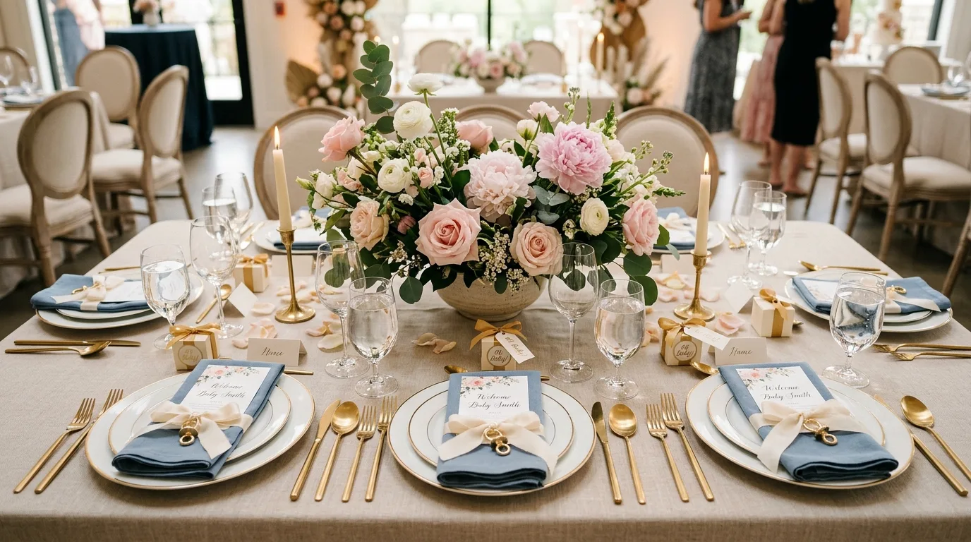 Sophisticated baby shower table with fine china, gold cutlery, ribbon napkins, and floral centerpiece
