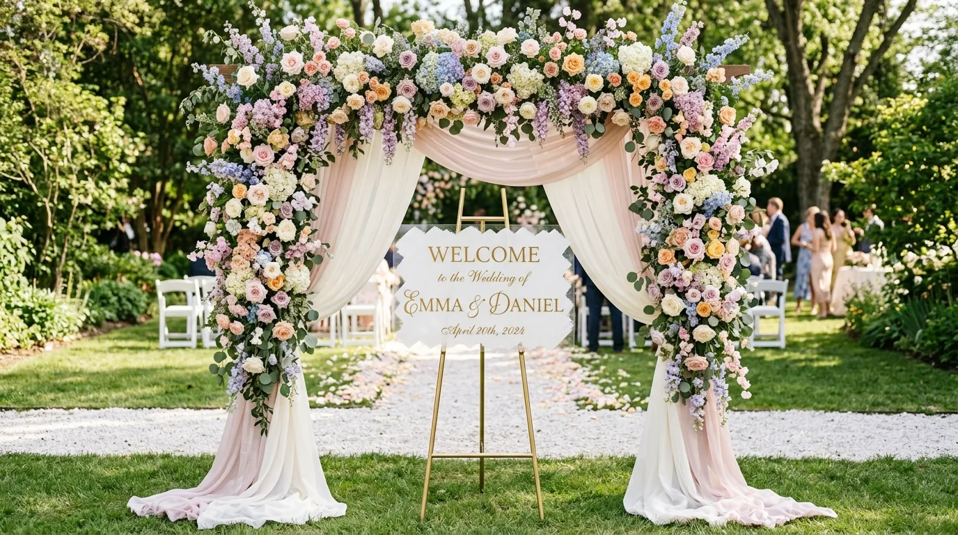 Floral arch backdrop with cascading spring flowers and elegant welcome sign
