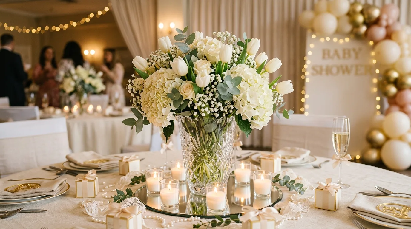 Luxury baby shower centerpiece with crystal vase, tulips, hydrangeas, and votive candles
