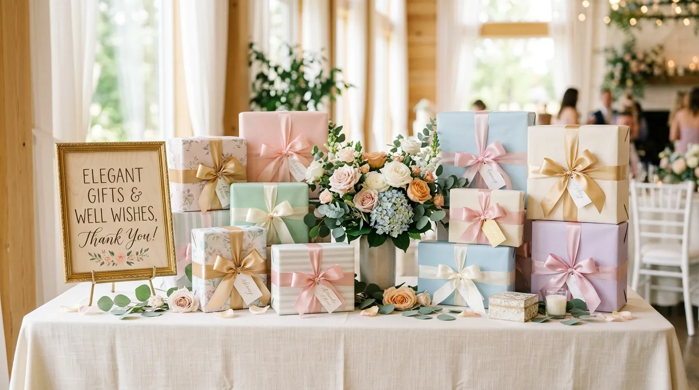 Elegant gift table with coordinated pastel wrapping, satin ribbons, and floral accents