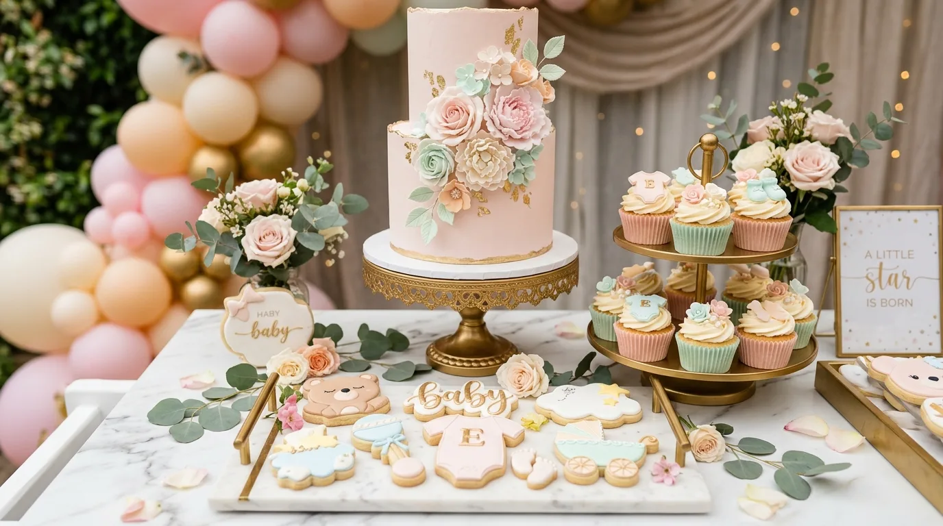 Dessert display with tall floral cake, matching cupcakes, cookies, and marble gold trays