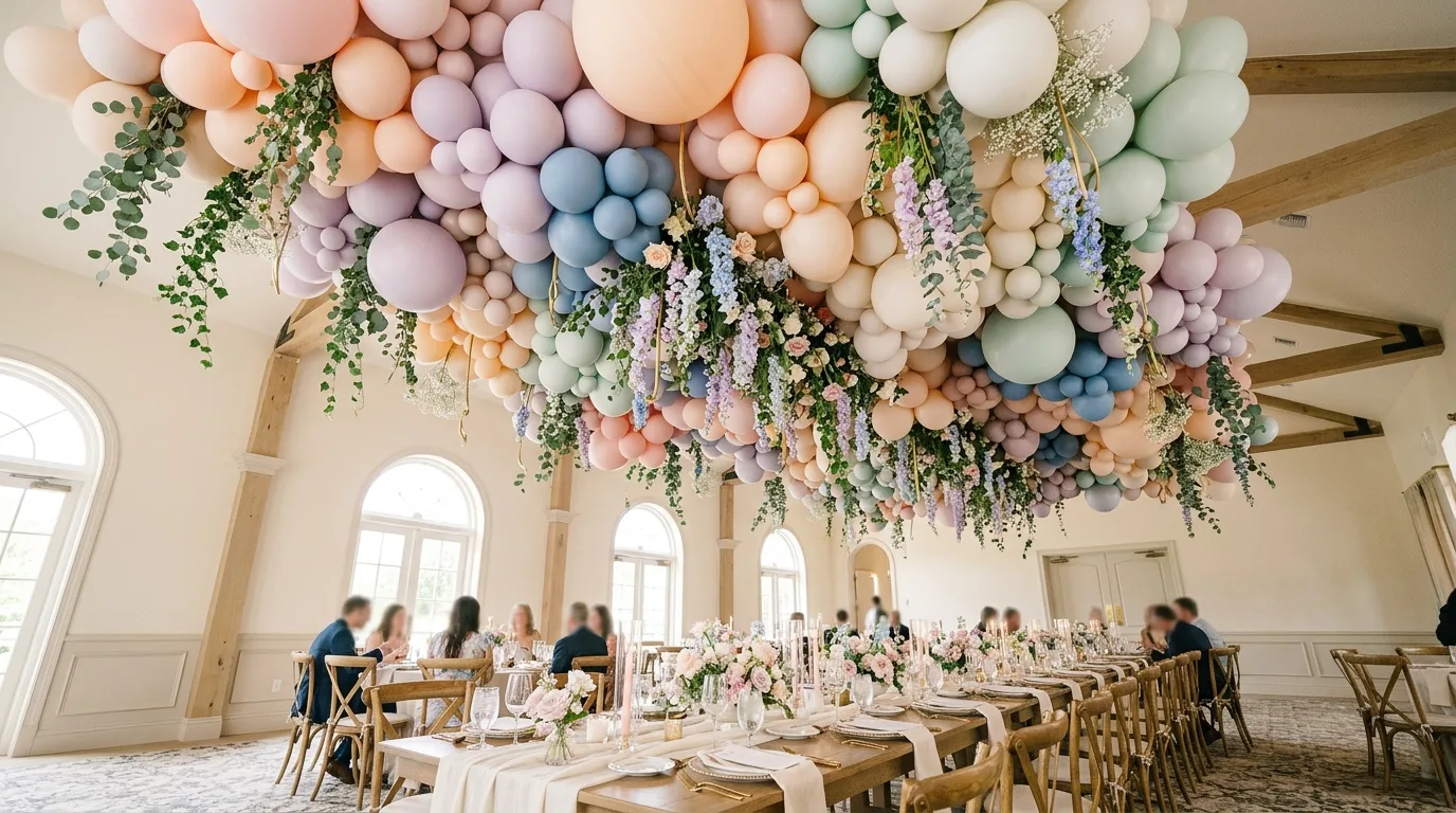 Balloon ceiling installation with cascading pastel balloons and hanging floral elements