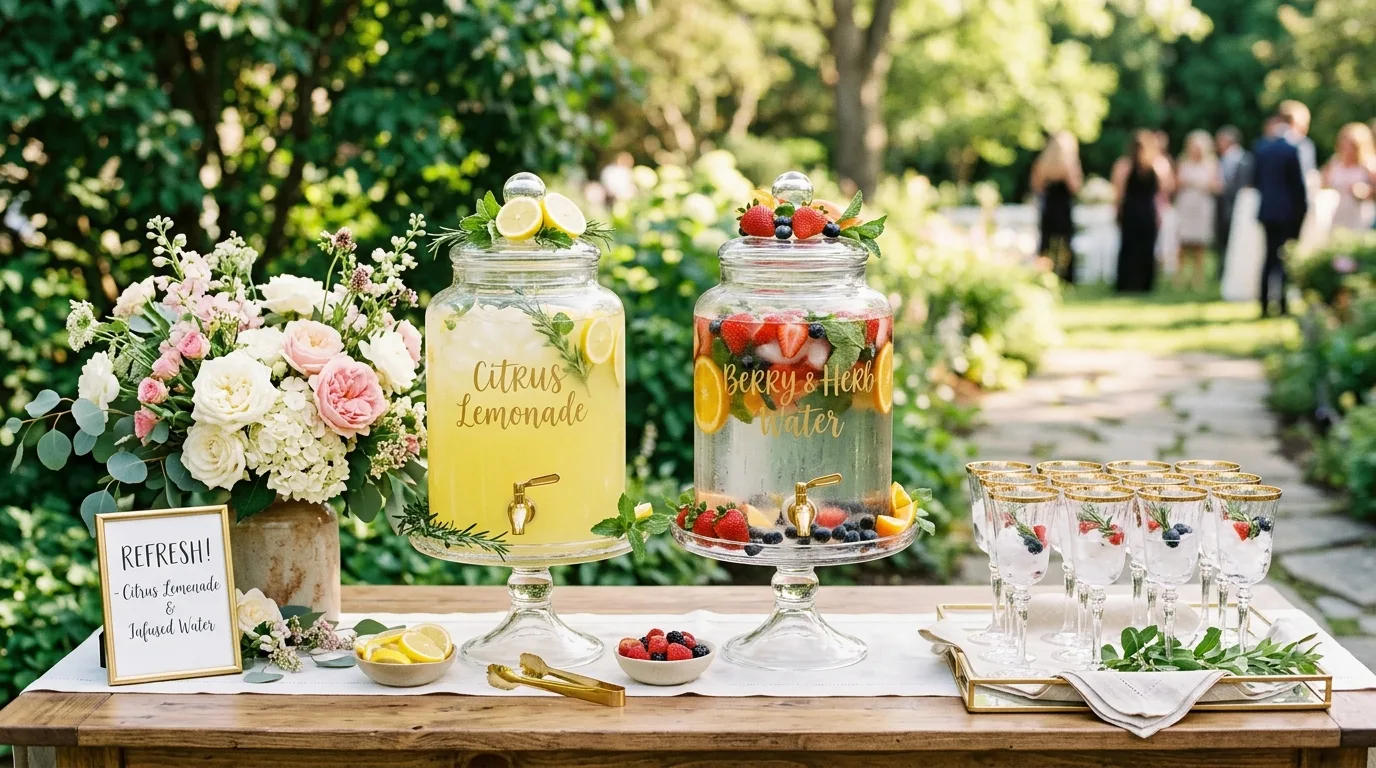 Elegant drink station with glass dispensers, citrus drinks, gold rimmed glasses, and flowers