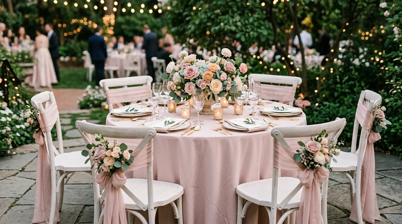 Chic seating arrangement with decorated chairs, ribbons, and floral accents