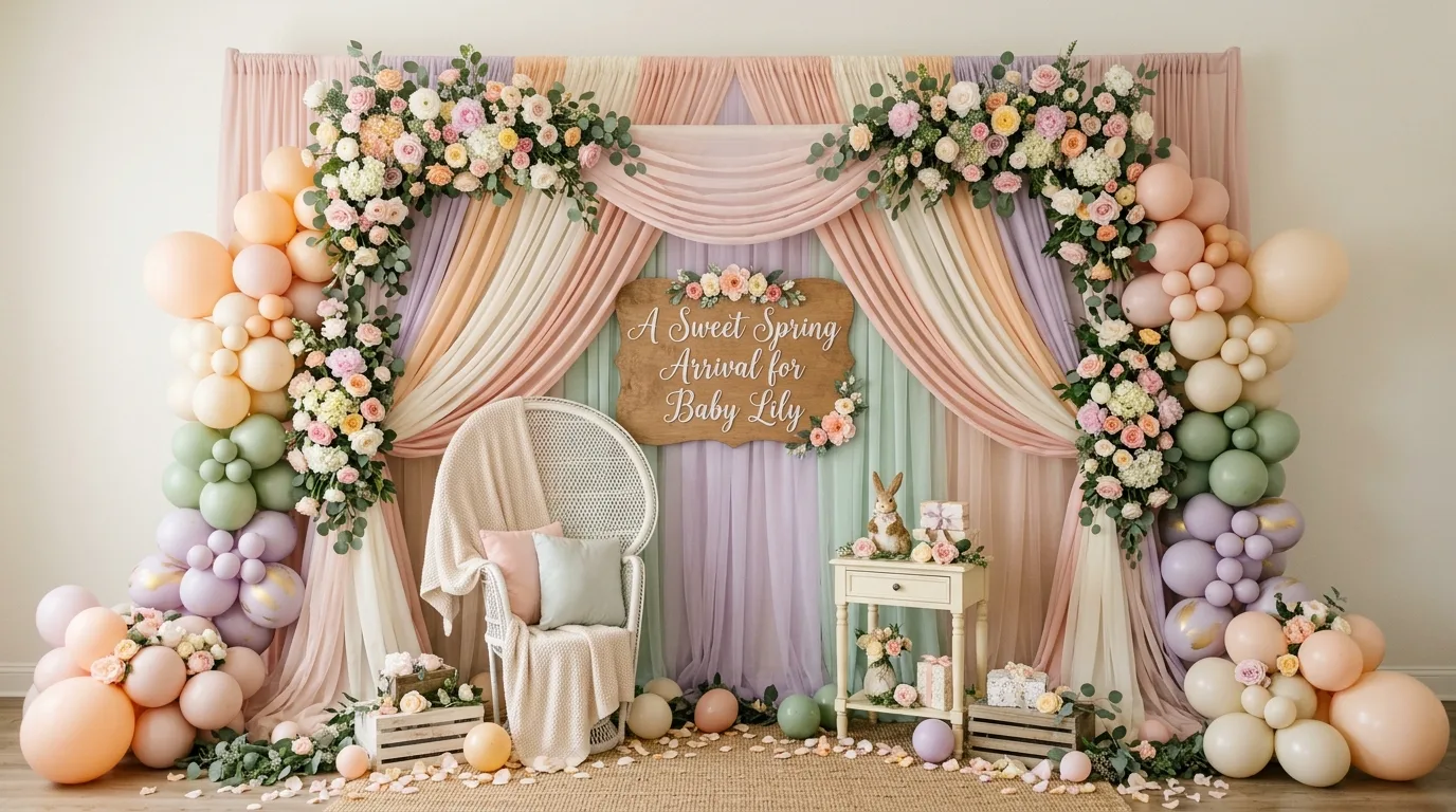 Spring baby shower photo backdrop with layered fabrics, flowers, balloons, and decorative baby sign