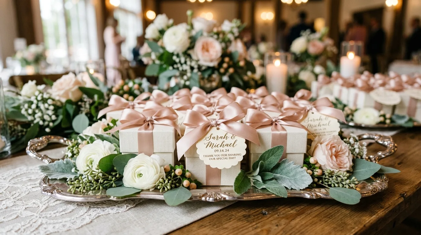Elegant favor display with small gift boxes, satin ribbons, personalized tags, and greenery