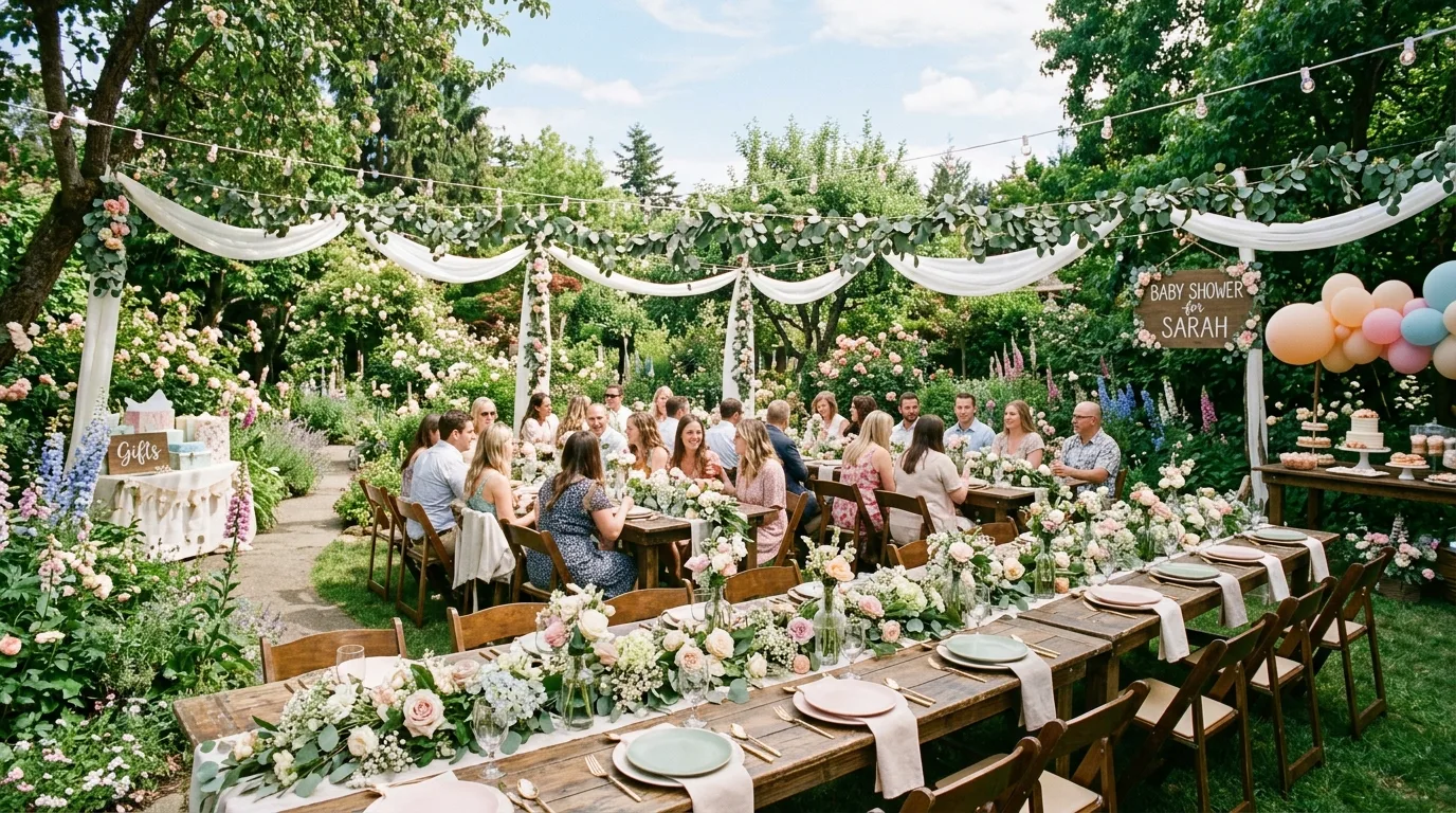Outdoor garden baby shower setup with wooden tables, floral runners, pastel tableware, and greenery