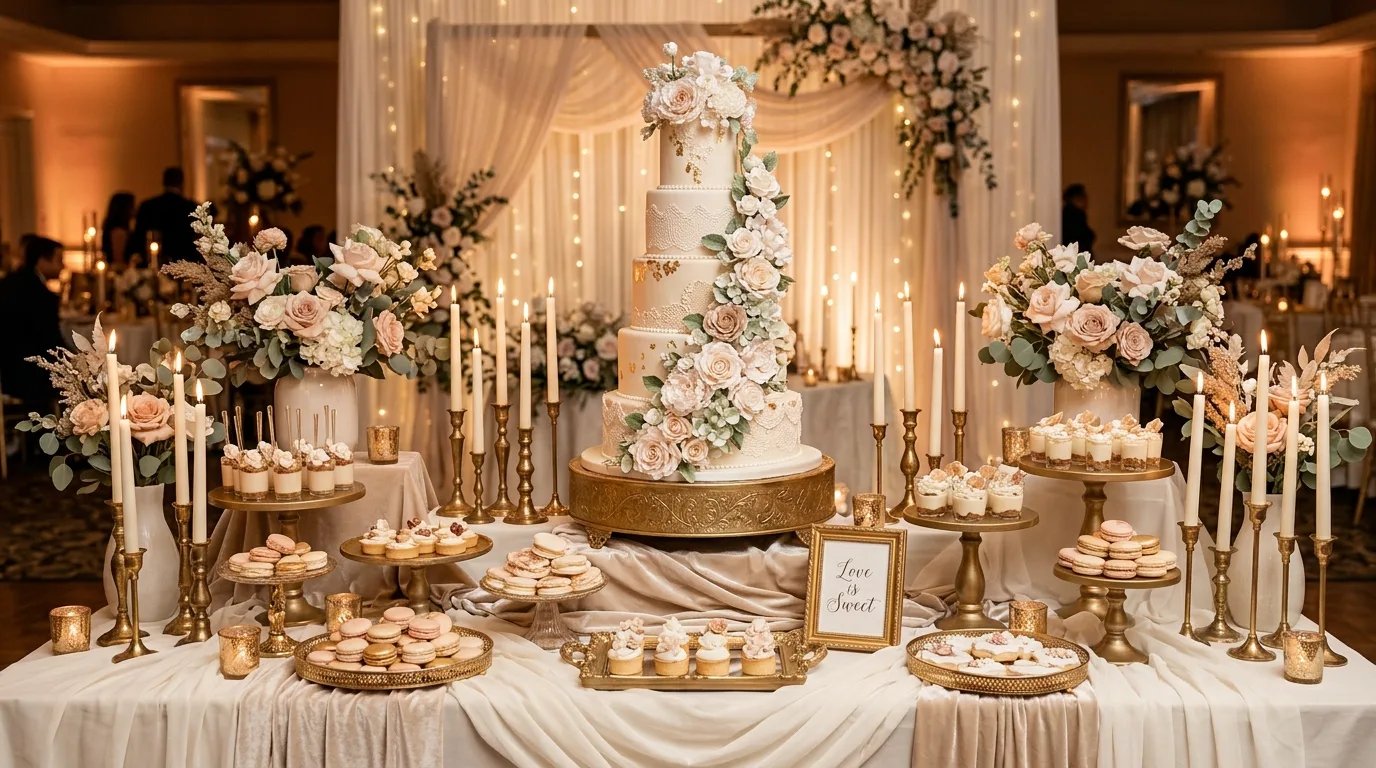 Luxury cake table with floral multi tier cake, candles, delicate desserts, and draped fabric