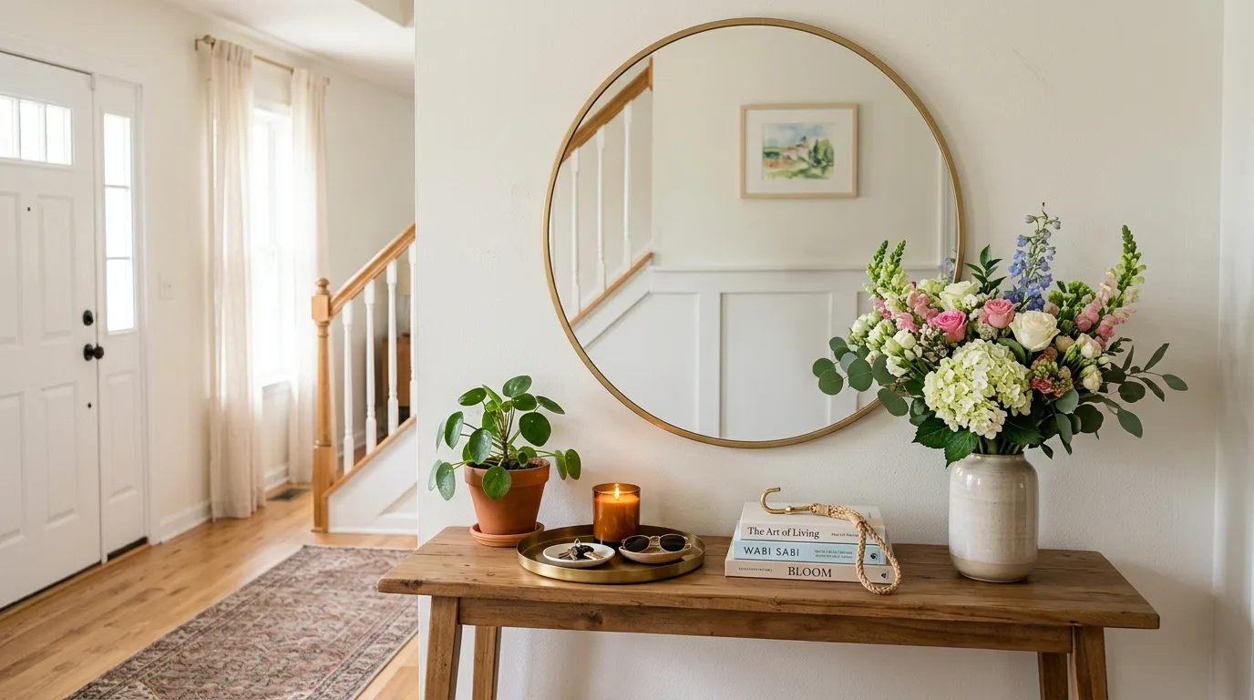 Entryway table with round mirror, flowers, and decorative tray