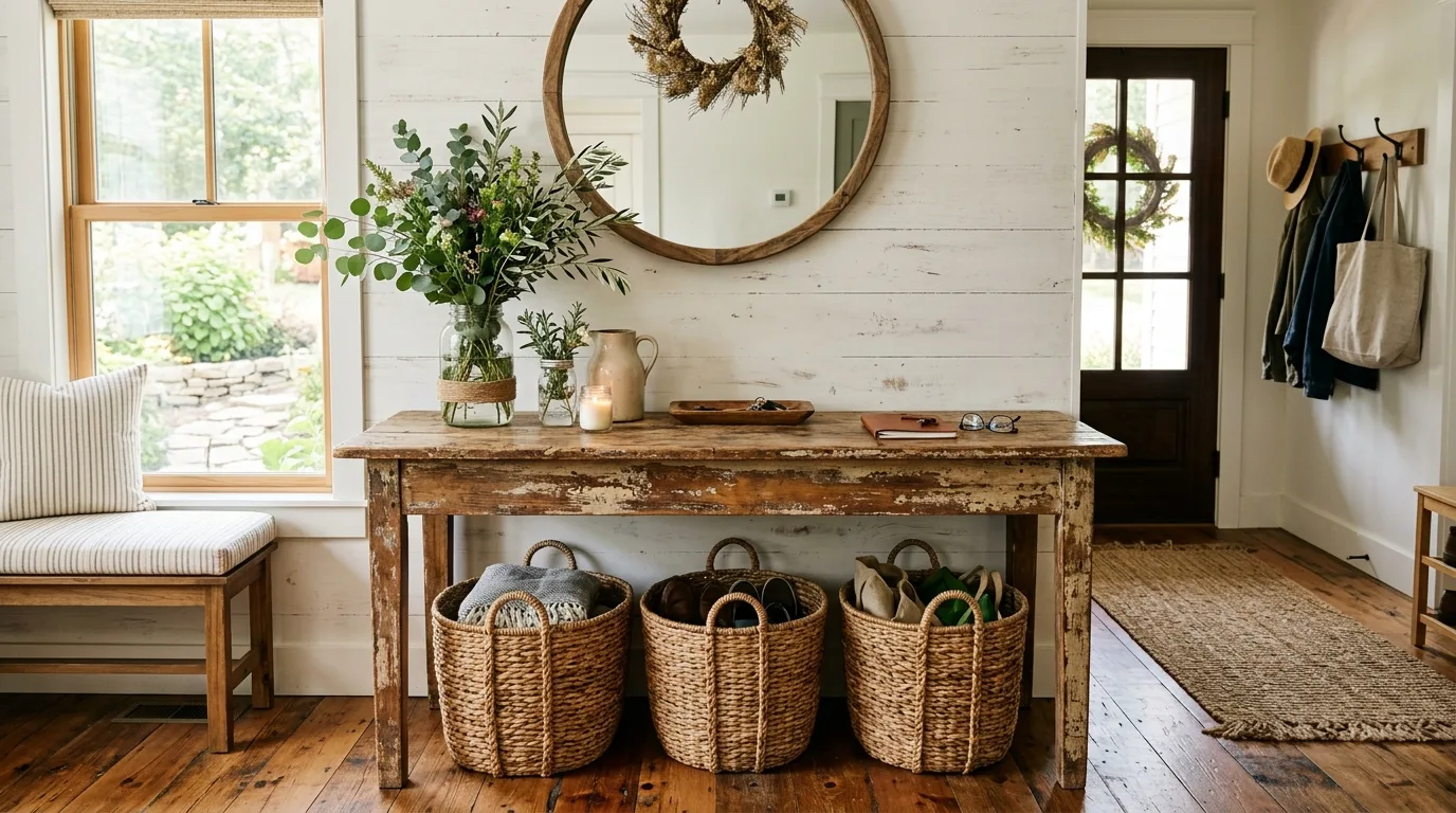 Farmhouse entryway table with baskets and greenery