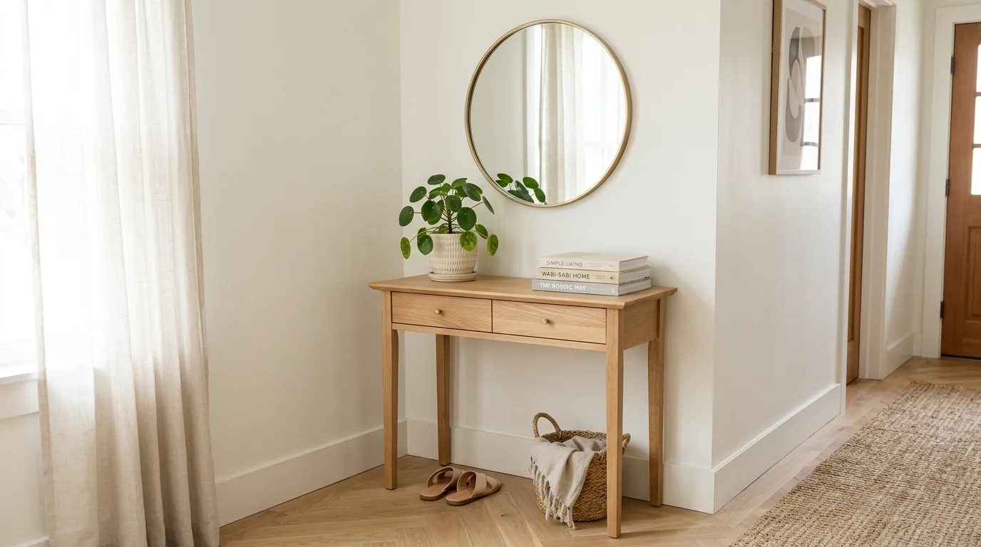 Small entryway table with plant, books, and mirror