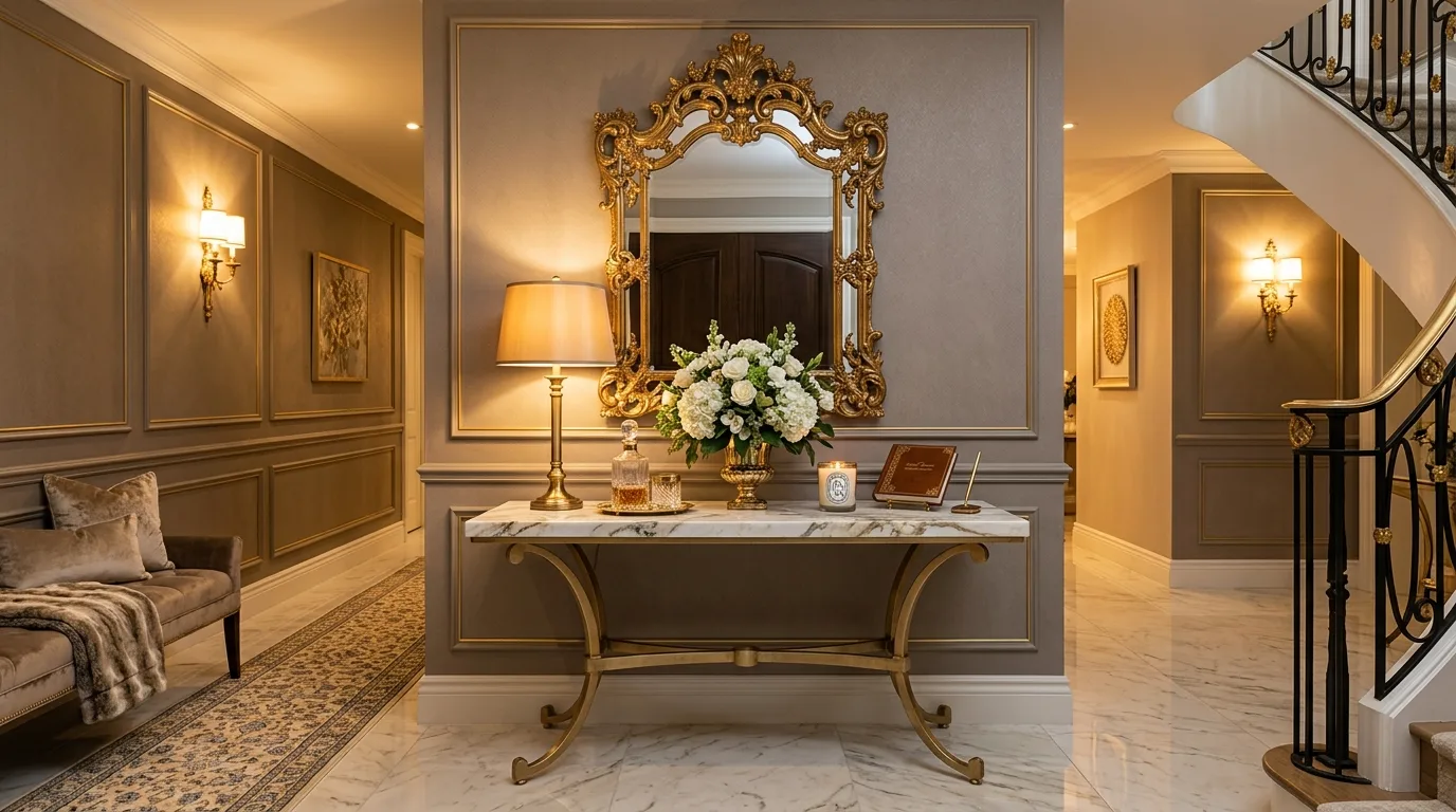 Luxurious entryway with marble-top table, gold accents, and statement mirror