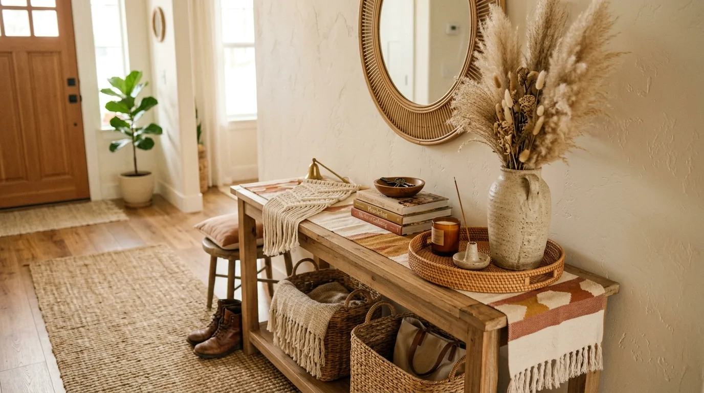 Boho entryway table with pampas grass and rattan decor