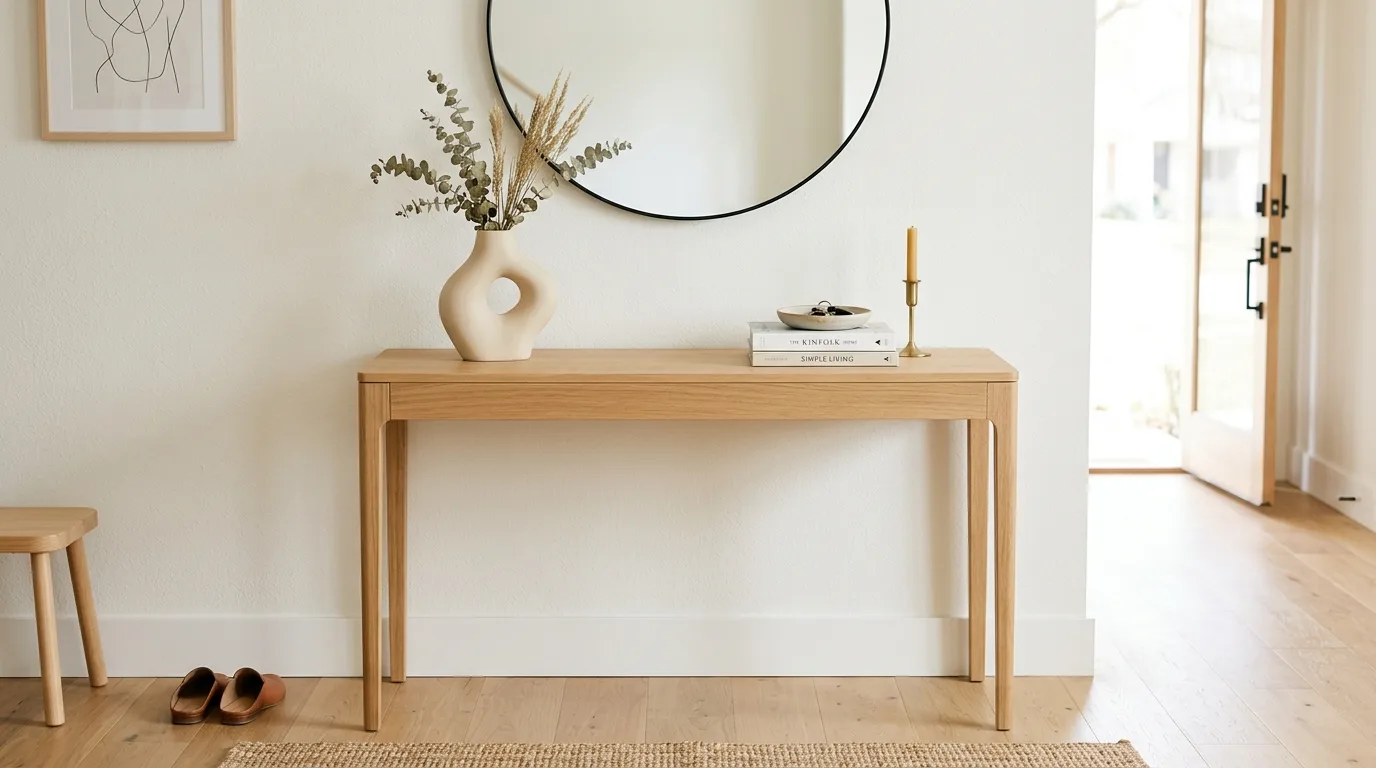 Minimalist entryway table with sculptural vase and clean lines