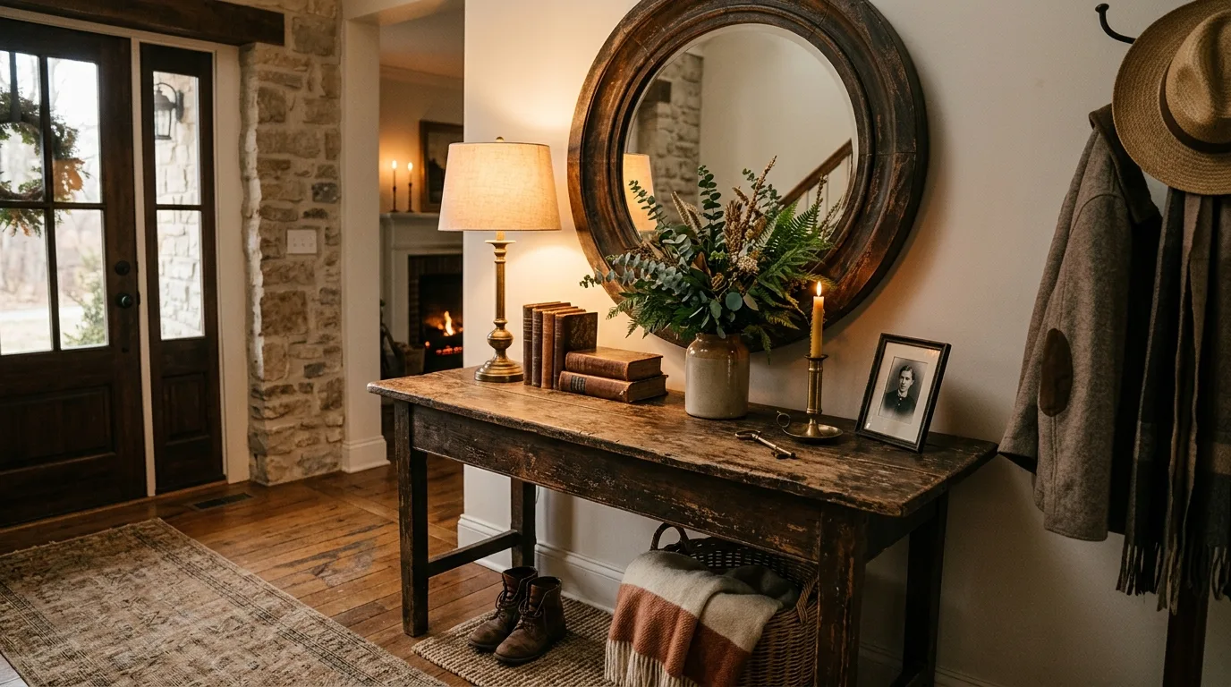 Rustic entryway console with vintage decor and greenery accents