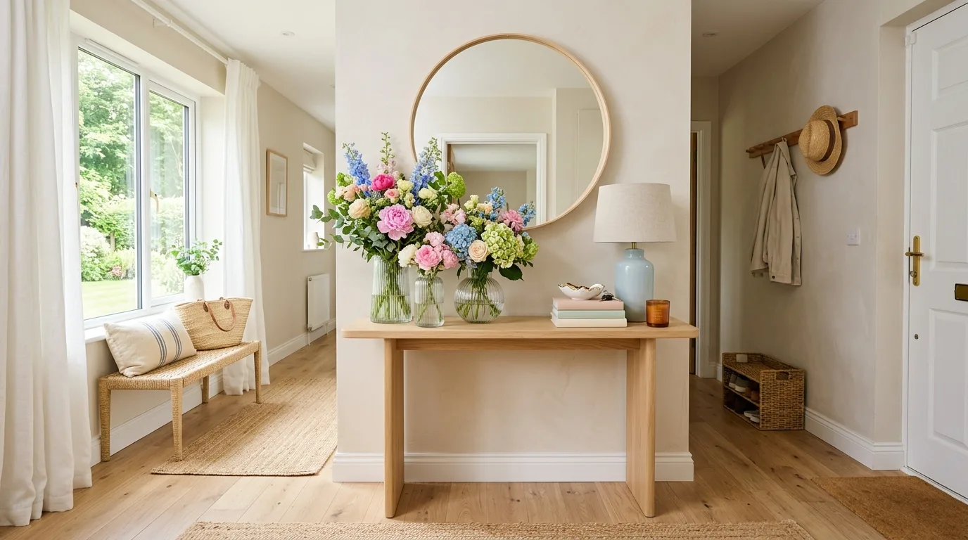 Bright entryway table with pastel decor and fresh flowers