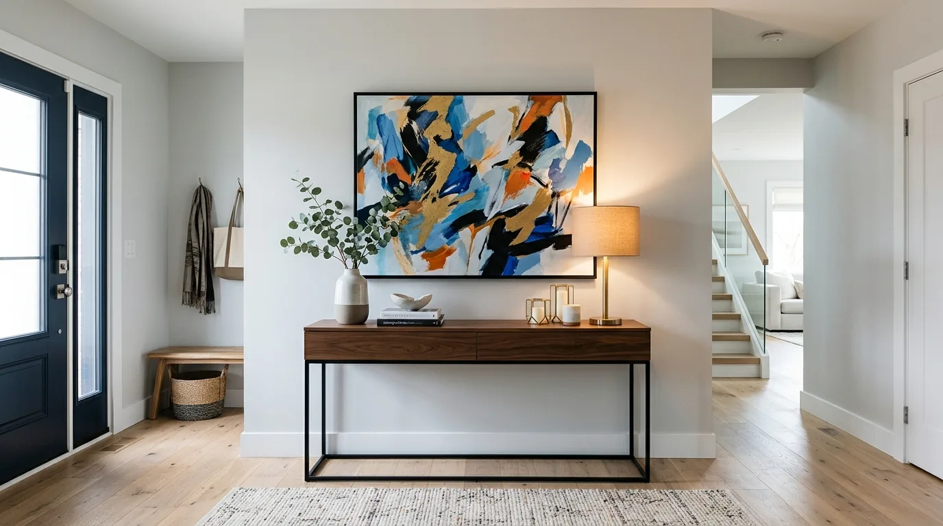 Contemporary entryway with bold artwork and sleek decor