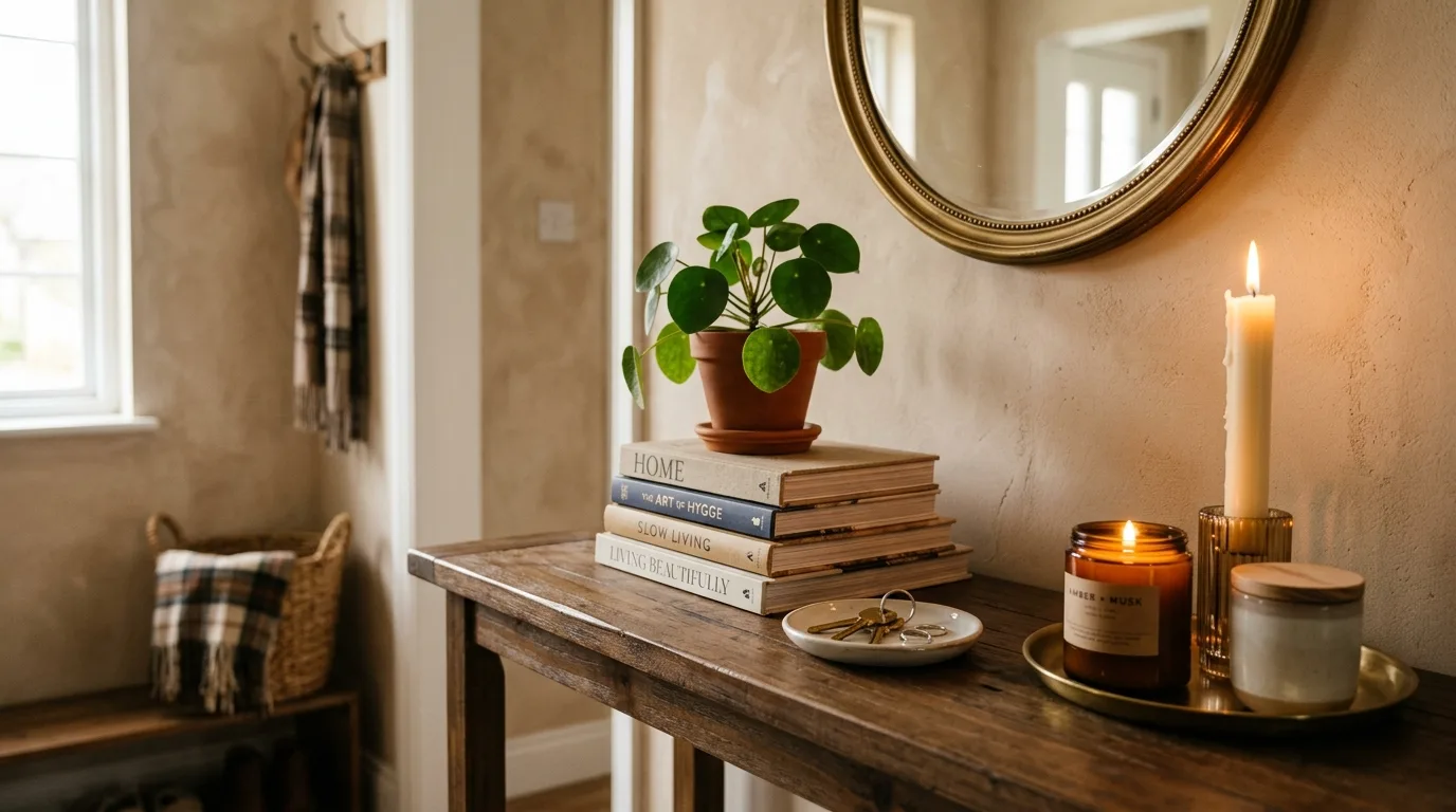 Cozy entryway table with candles, books, and small plant