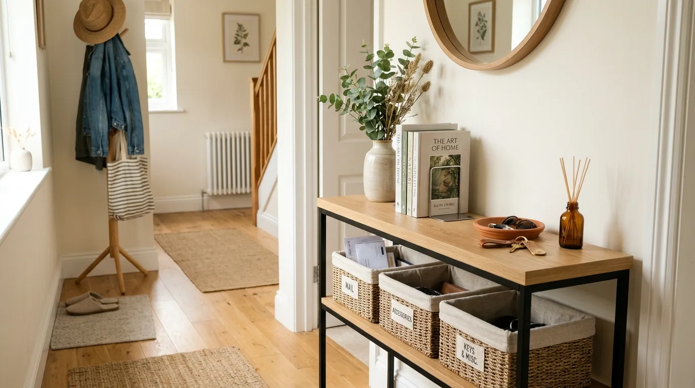 Functional entryway table with storage baskets and simple decor