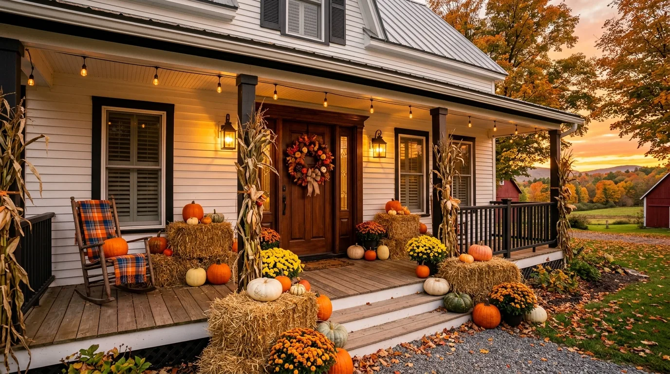Farmhouse front porch decorated with pumpkins, hay bales, and a large fall wreath