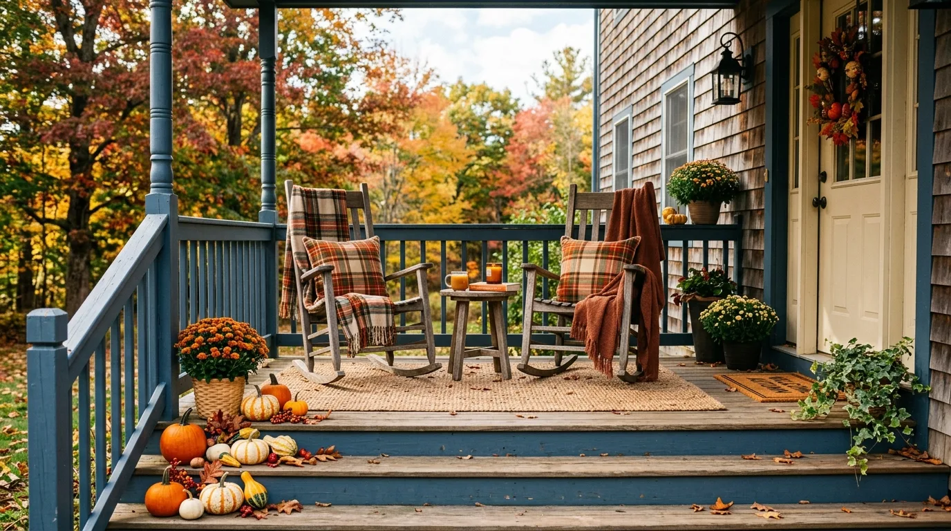 Cozy porch seating with rocking chairs, plaid cushions, and pumpkins on the steps