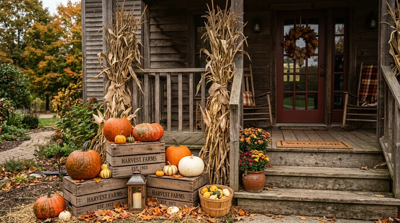 Rustic yard display with stacked pumpkins, corn stalks, and wooden crates