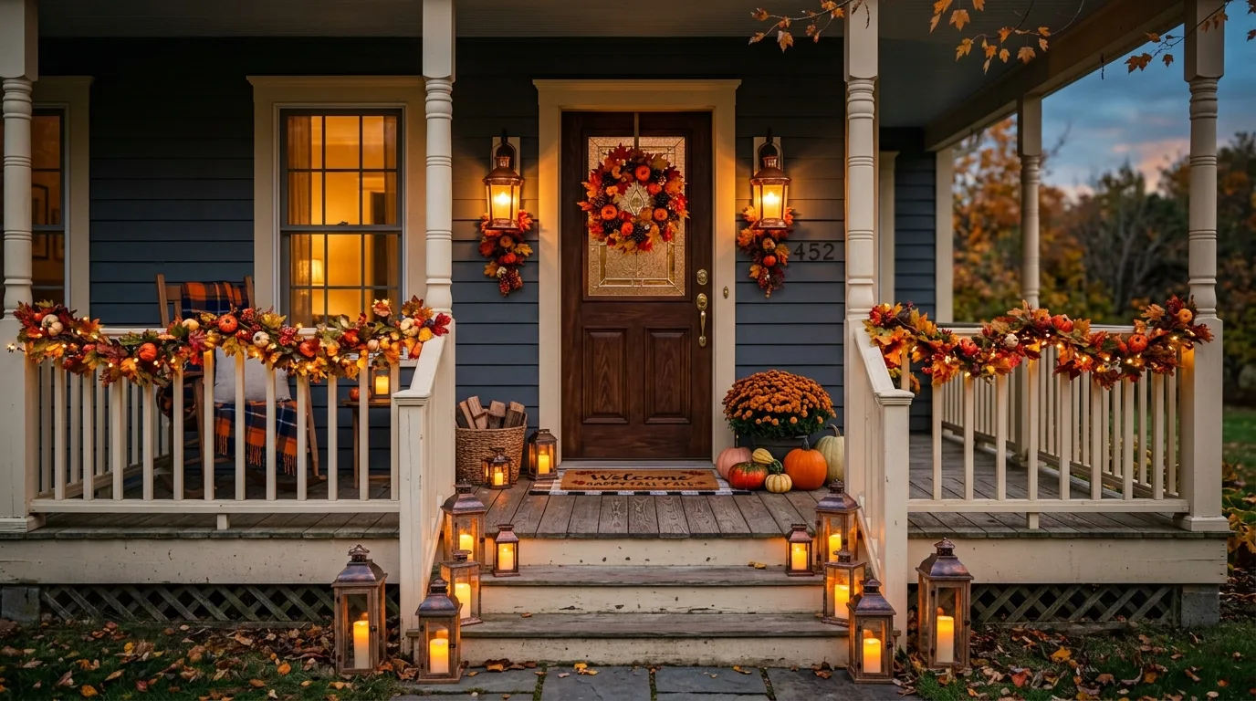 Front porch styled with candle lanterns, autumn garland, and seasonal doormat