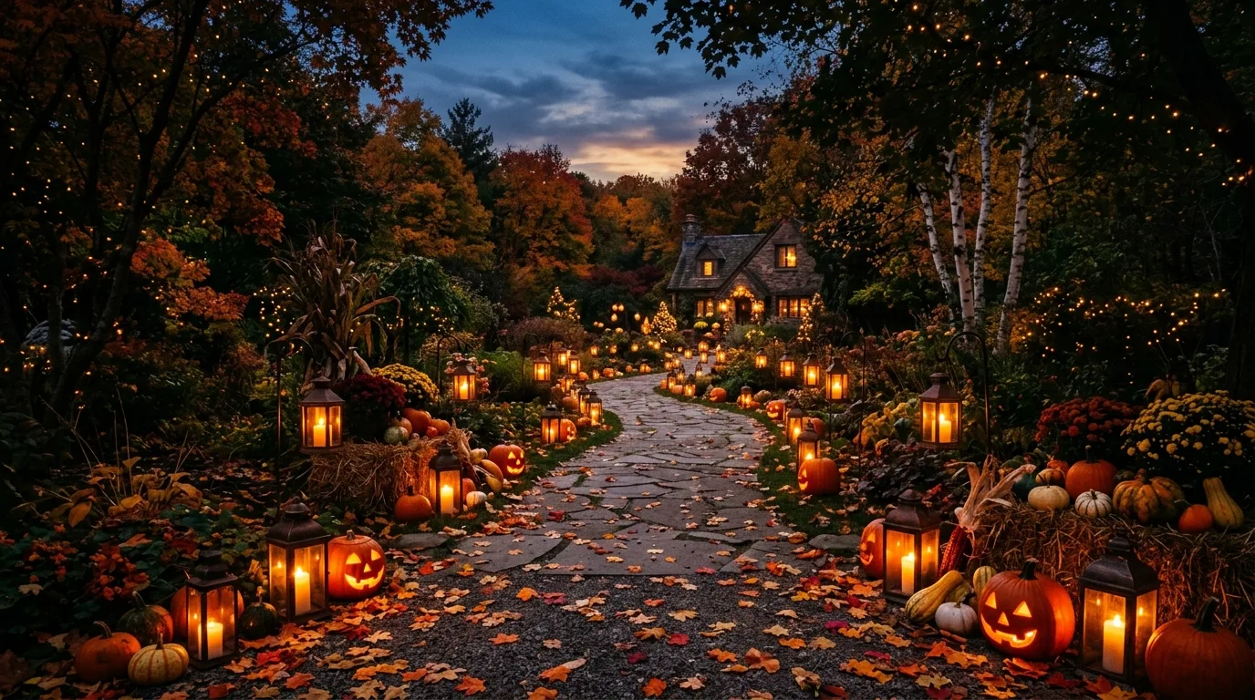 Garden pathway with fall leaves, glowing lanterns, and pumpkins