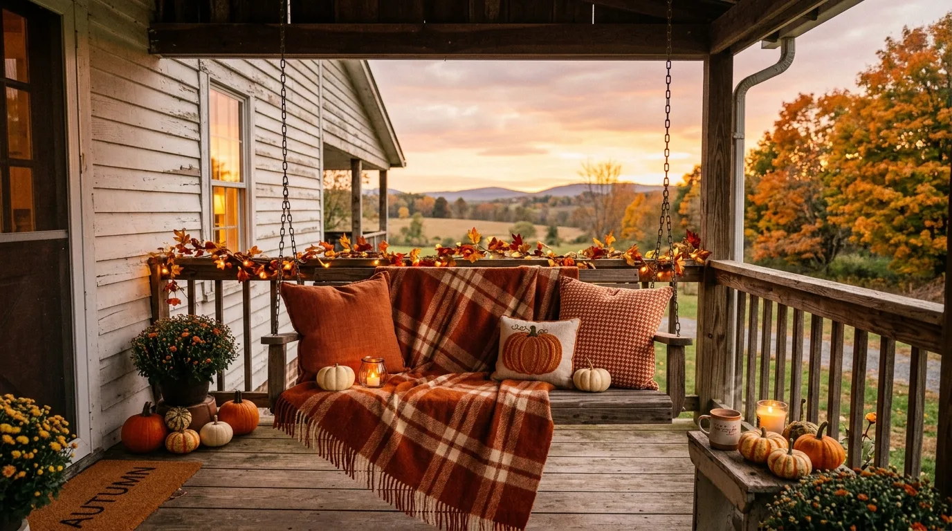Farmhouse porch swing with orange throw pillows, blanket, and small pumpkins