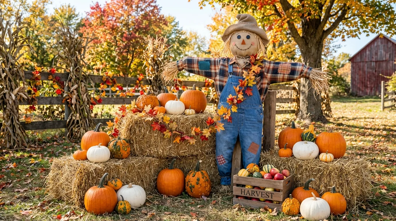 Yard scene with DIY scarecrow, hay bales, and colorful pumpkins