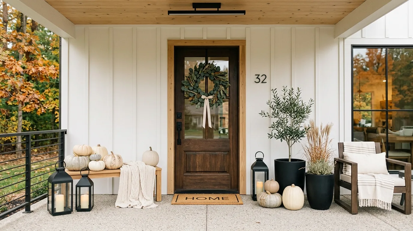 Modern porch with neutral pumpkins, black lanterns, and eucalyptus wreath