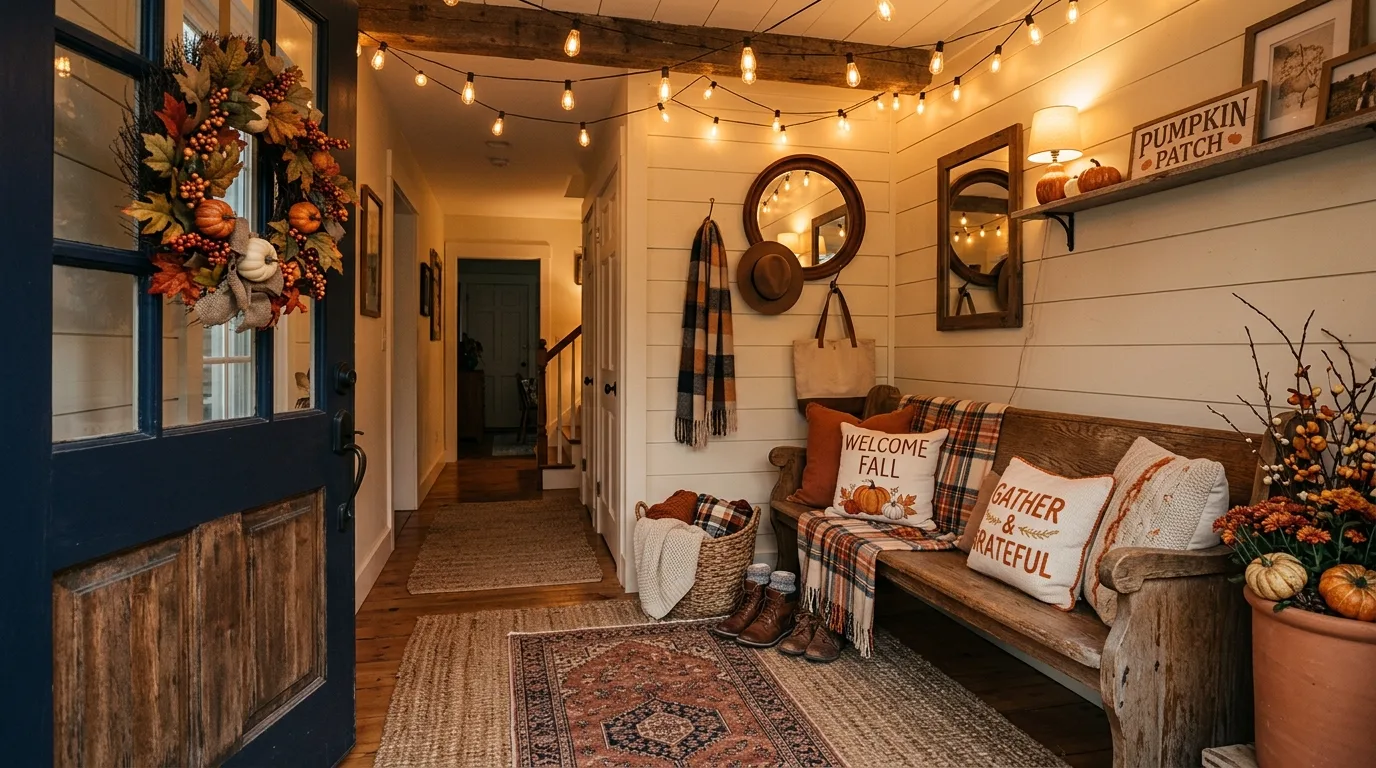 Cozy entryway with layered rugs, wooden bench, fall pillows, and string lights
