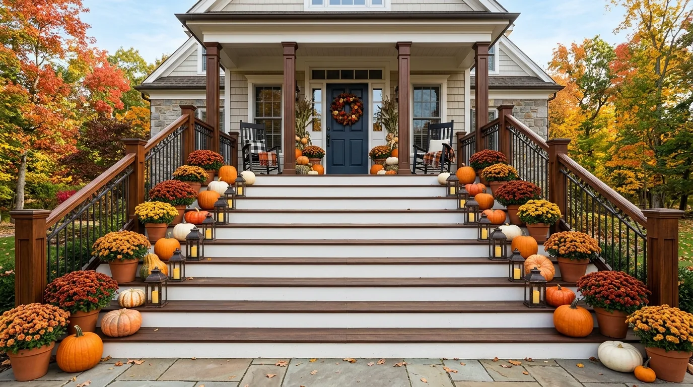 Porch staircase decorated with pumpkins, mums, and lanterns in a symmetrical layout