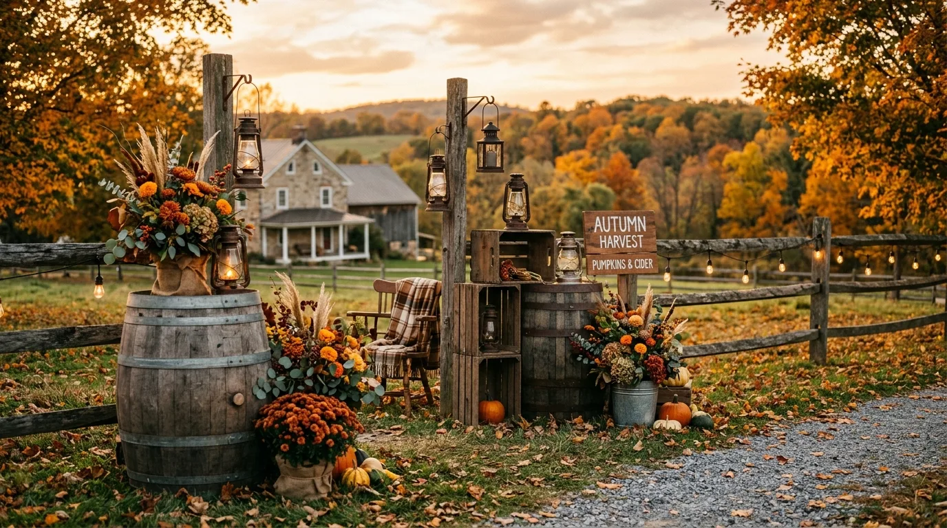 Rustic yard setup with wooden barrels, vintage lanterns, and autumn floral arrangements