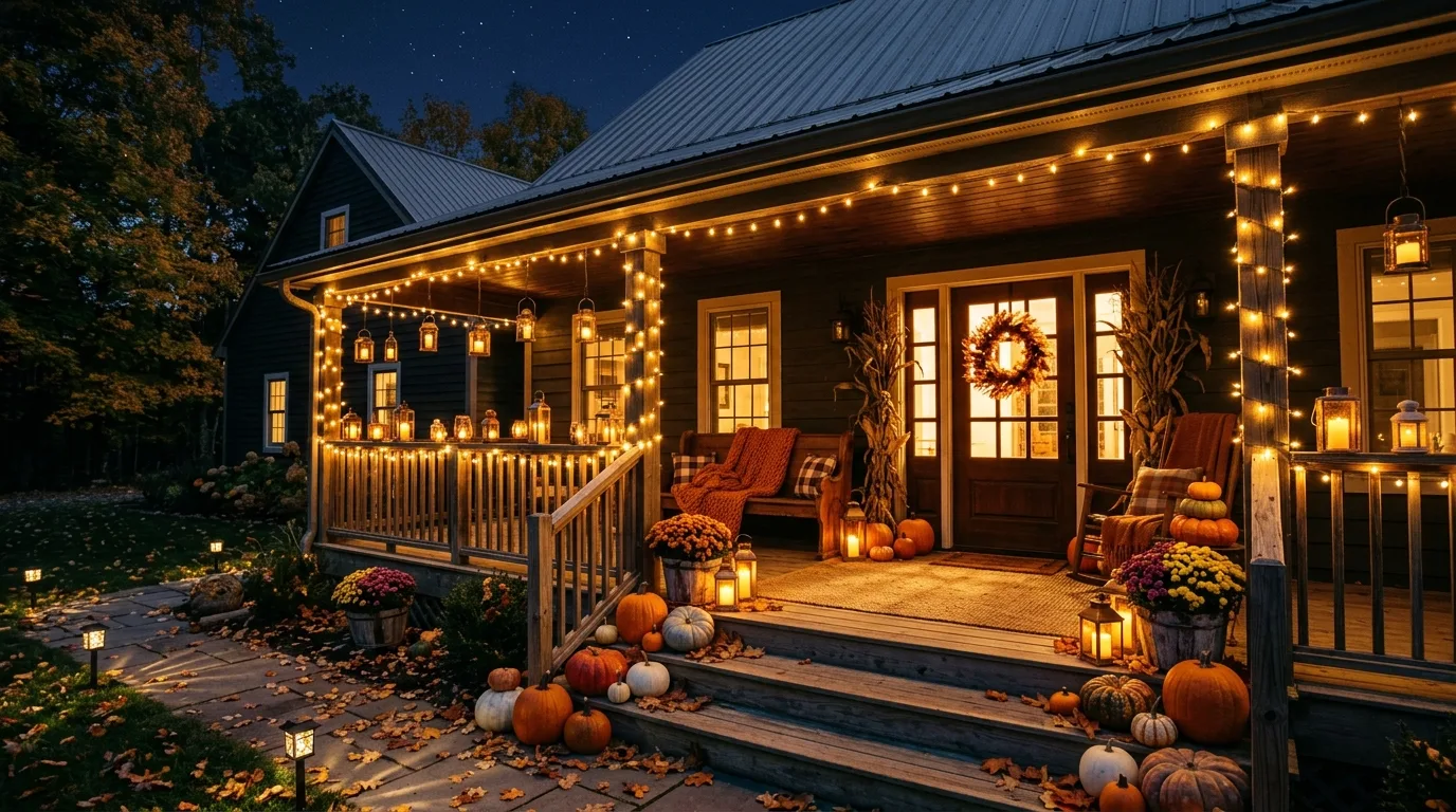 Nighttime porch decorated with glowing string lights, lanterns, and pumpkins