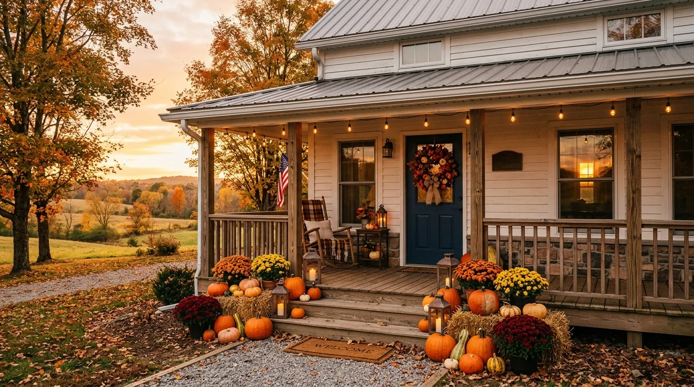 Farmhouse front porch decorated with pumpkins, lanterns, and a fall wreath