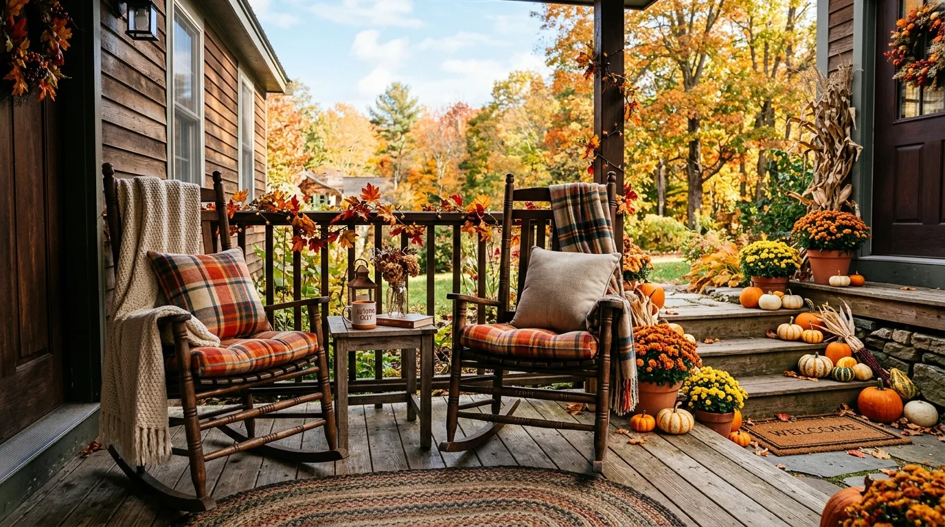 Cozy porch seating area with rocking chairs, plaid cushions, and pumpkins