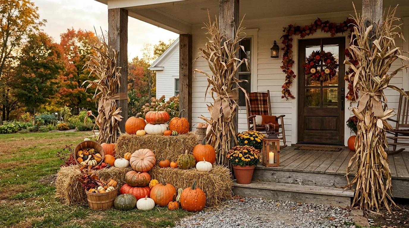 Rustic yard display with hay bales, stacked pumpkins, and corn stalks