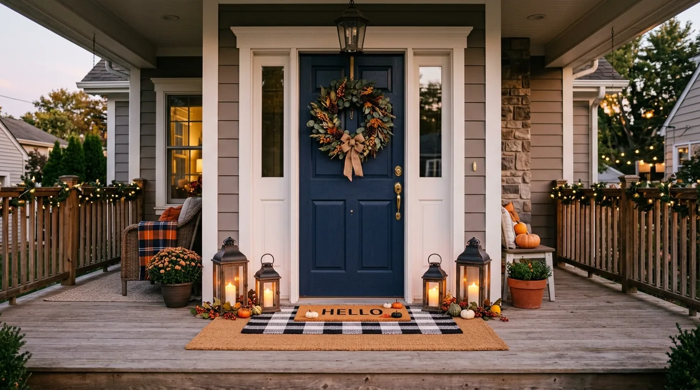 Front porch styled with layered doormats, seasonal wreath, and lanterns