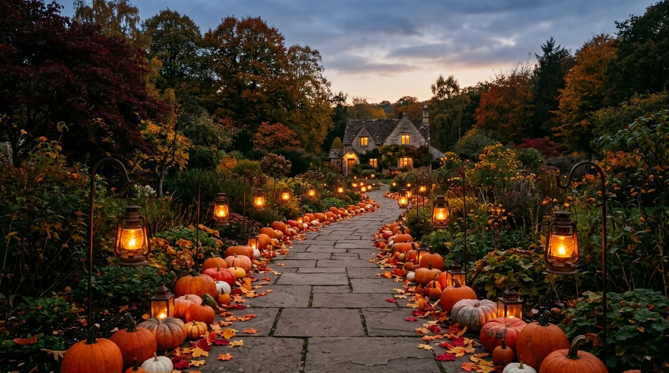 Garden pathway lined with pumpkins, faux leaves, and outdoor lanterns