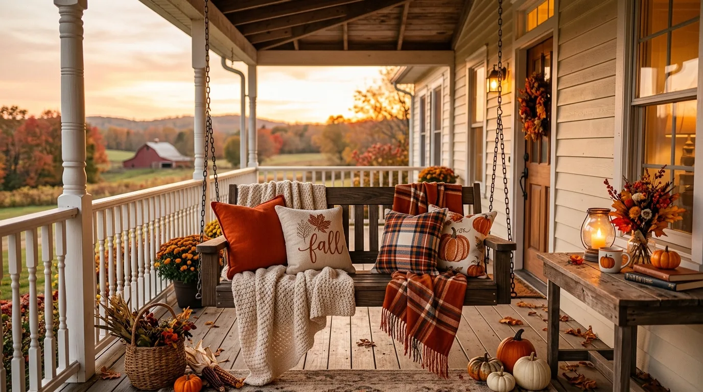Farmhouse porch swing decorated with fall blankets and orange pillows