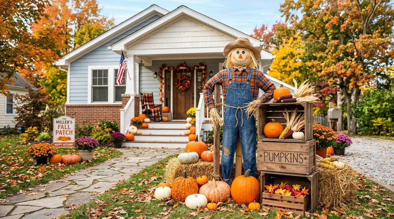 Front yard with DIY scarecrow, pumpkins, and rustic wooden crates