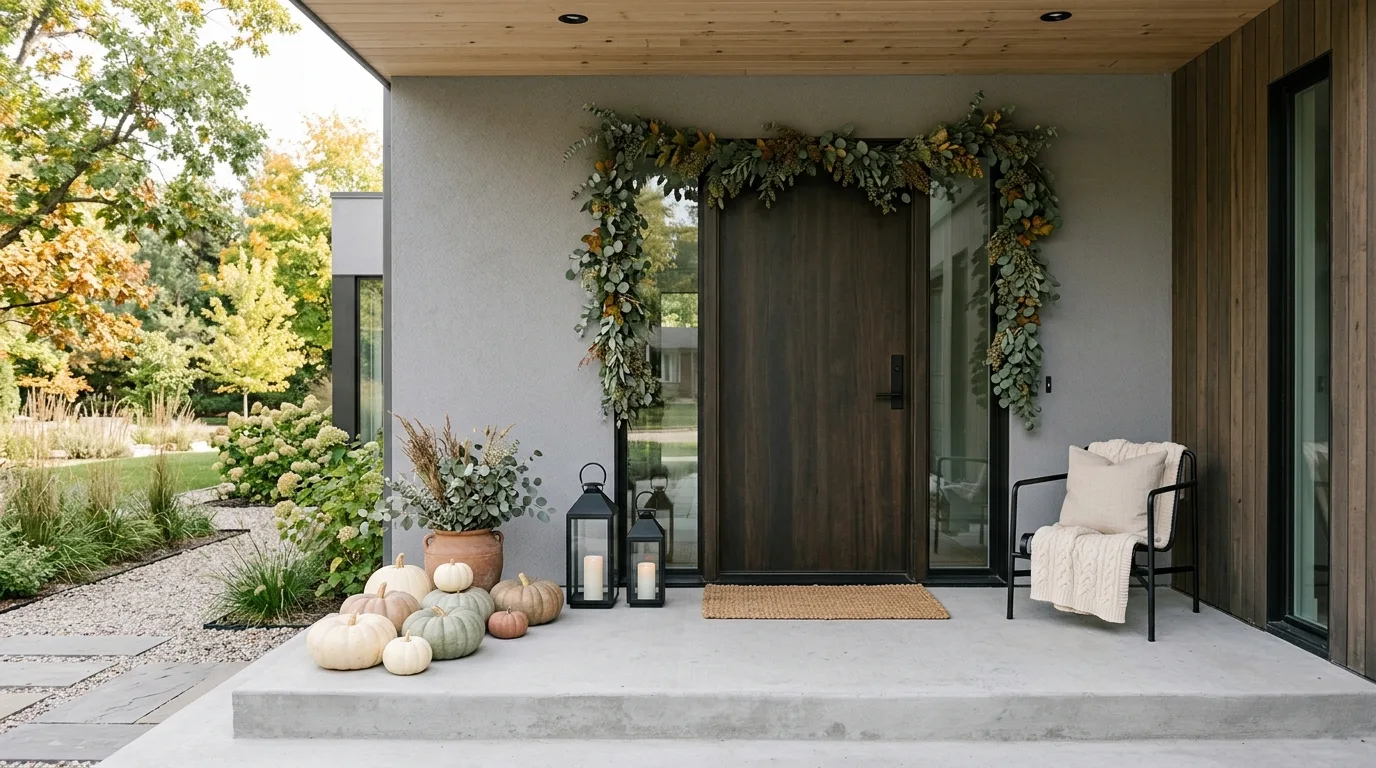 Modern porch with neutral pumpkins, black lanterns, and eucalyptus accents