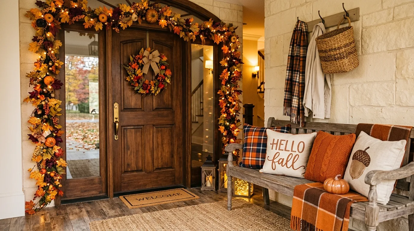 Cozy porch entryway with autumn garland, warm lights, and wooden bench