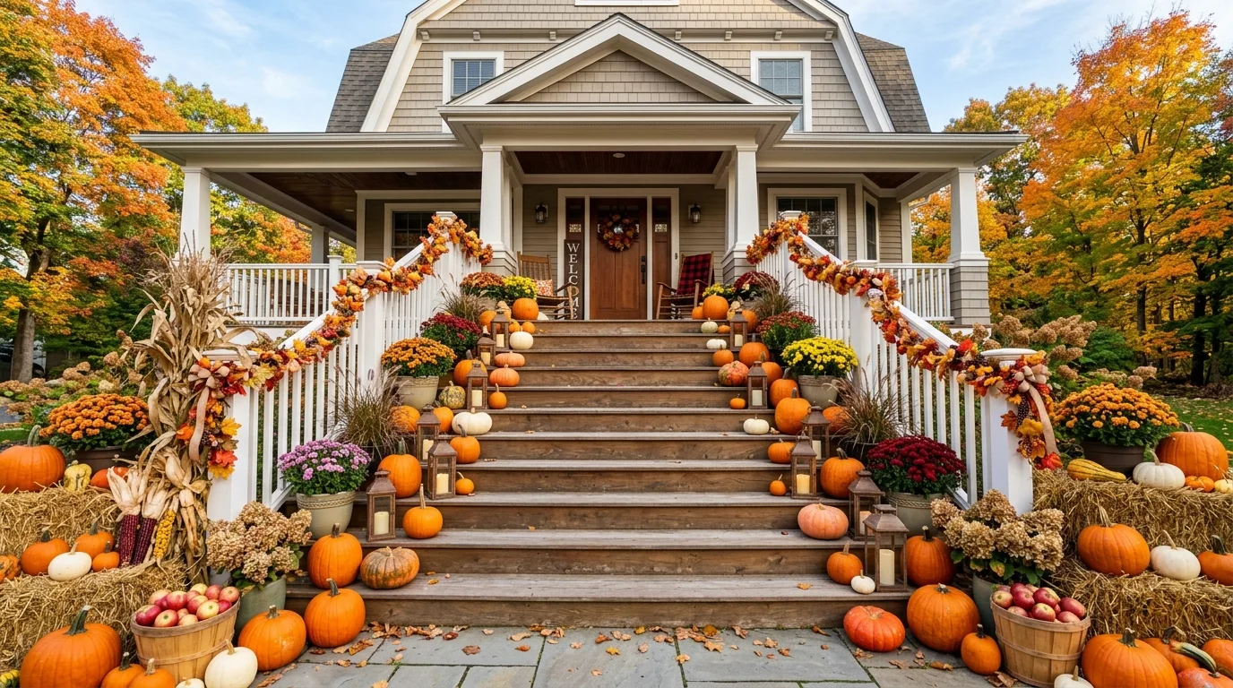 Large porch staircase decorated with pumpkins, lanterns, and fall flowers