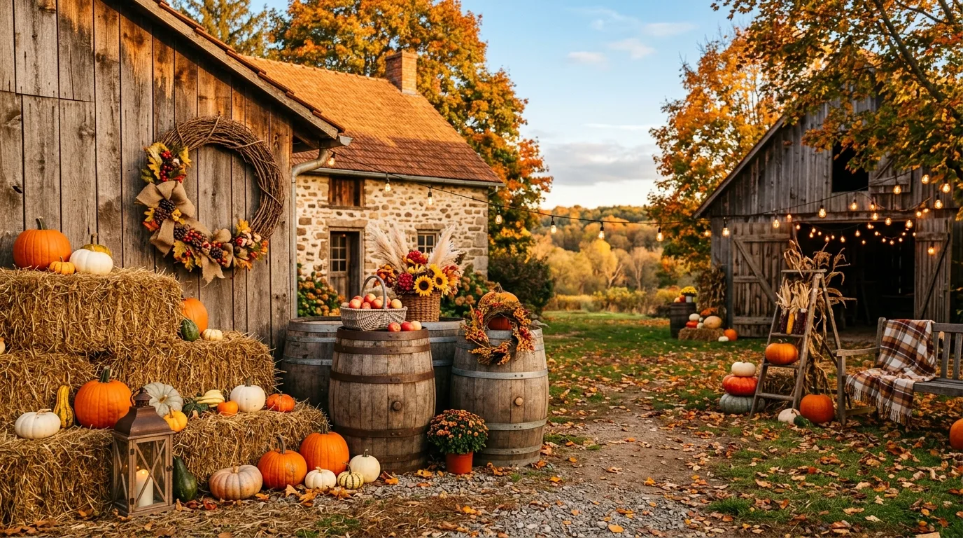 Rustic yard setup with wooden barrels, fall wreaths, and hay bales